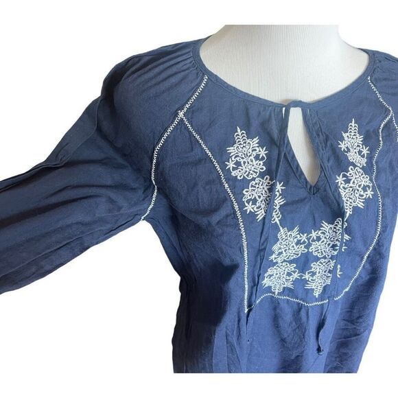 Womens Hannah Navy 3/4 Sleeve Embroidered Boho Keyhole Tunic Top - Sz S - Picture 2 of 2
